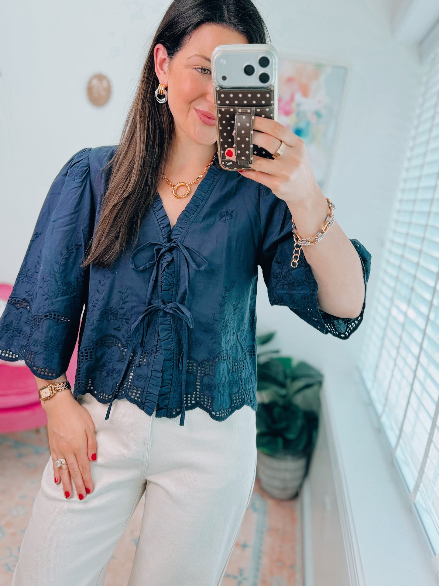 Navy Eyelet Tie Top