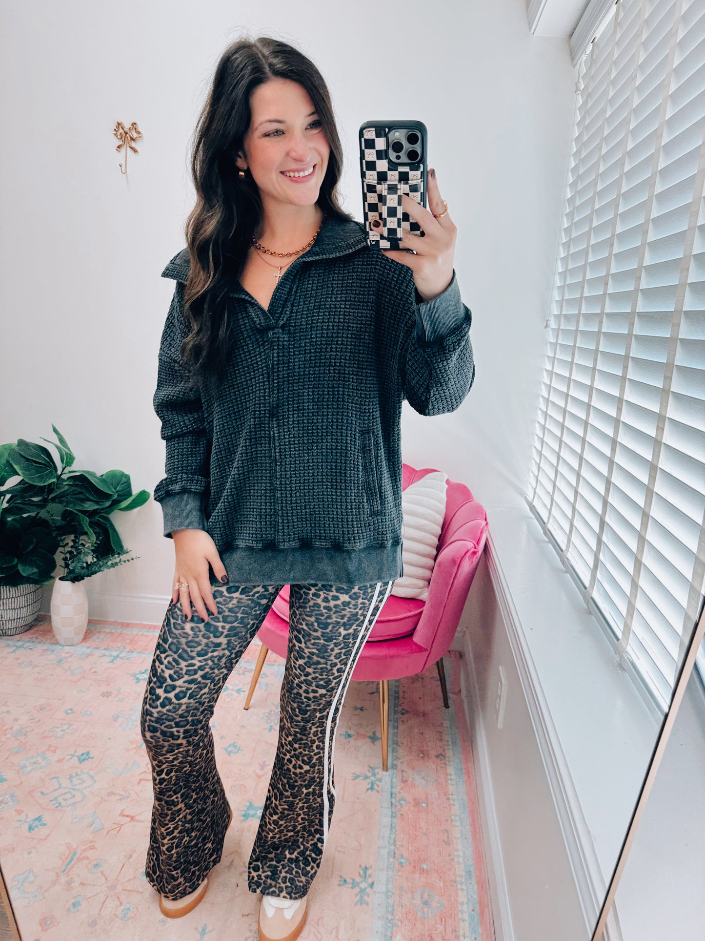 Chunky Waffle Mineral Wash Collared Pullover