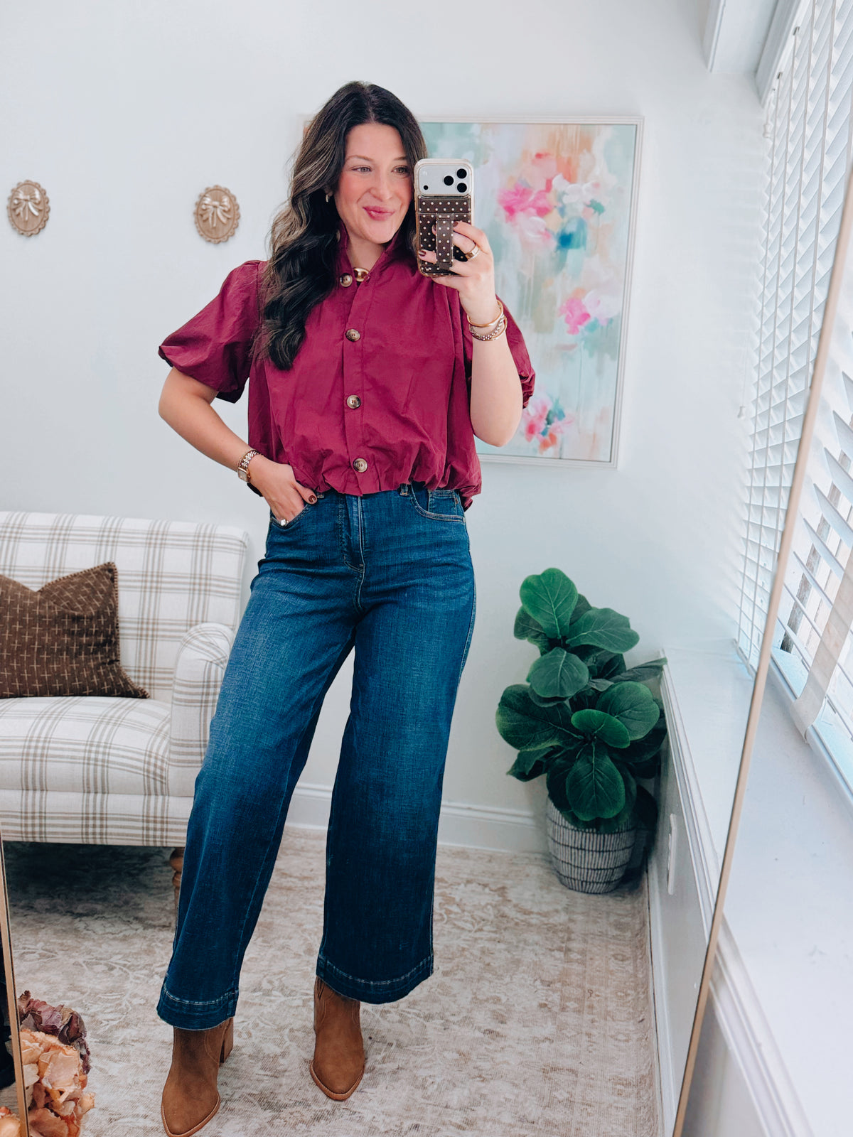 Gracie Button Bubble Hem Top - Wine