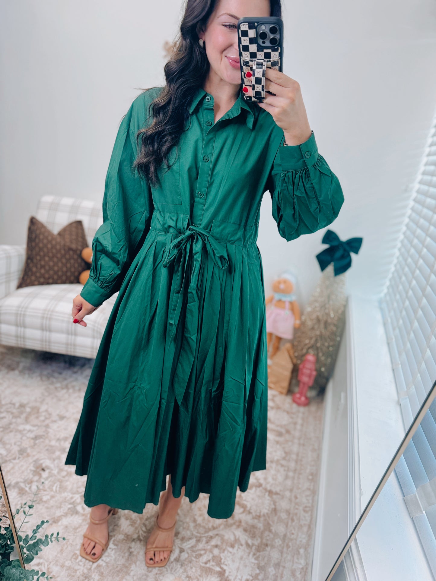 Evergreen Pleated Midi Tie Dress