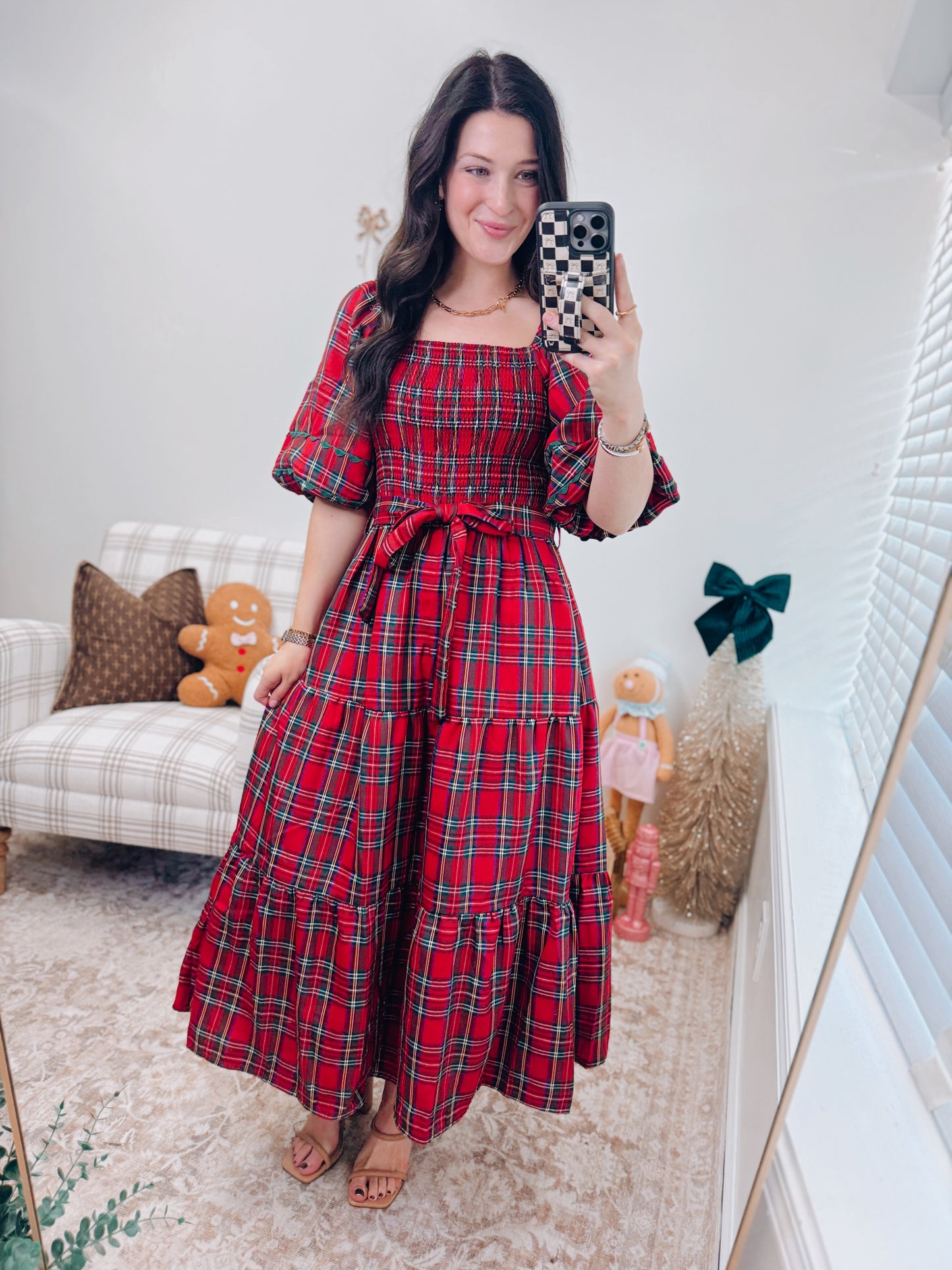 CURVY Smocked Plaid Tie Midi Dress - Red