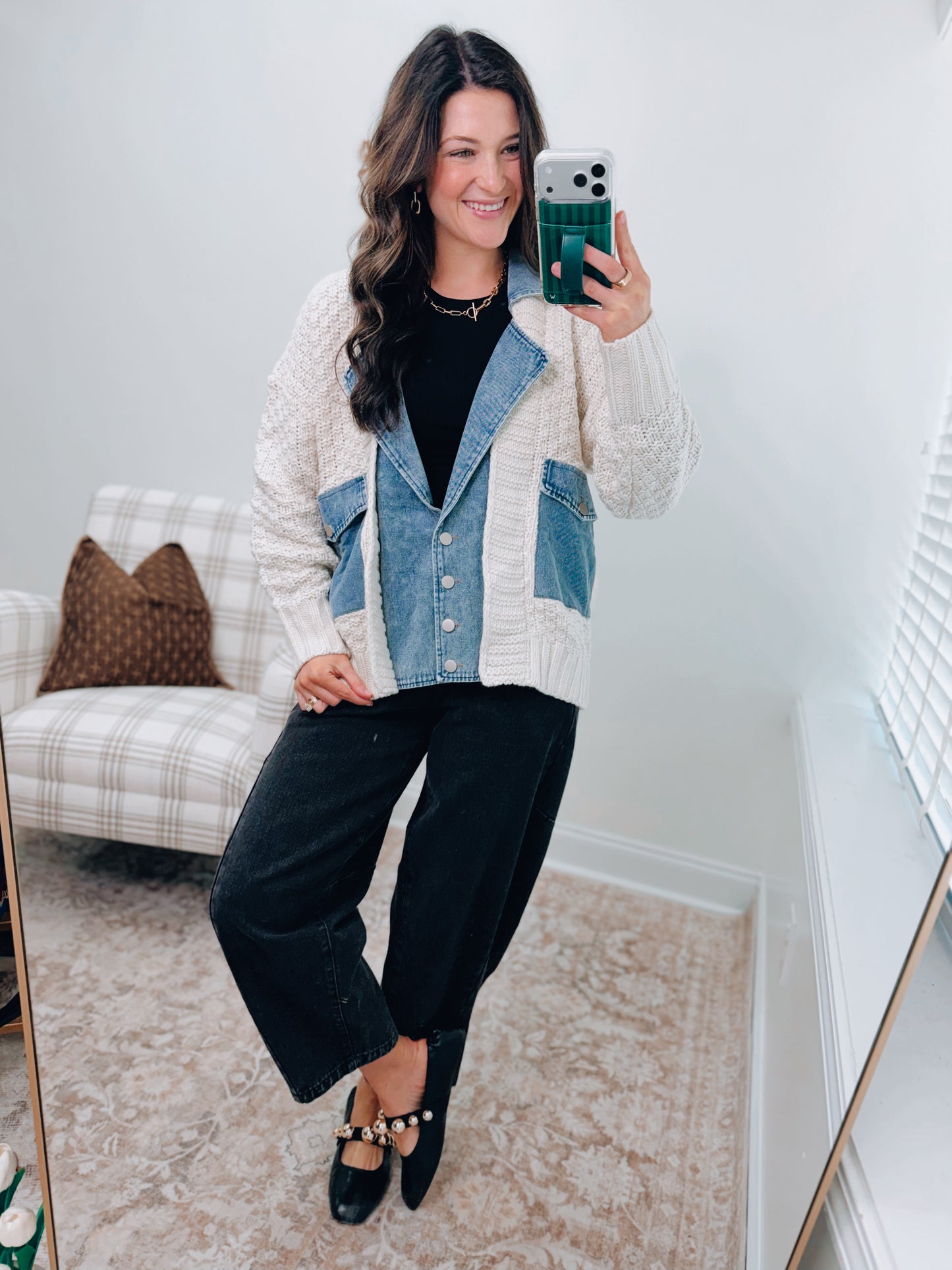 Mixed Media Cable Knit Denim Cardigan Top