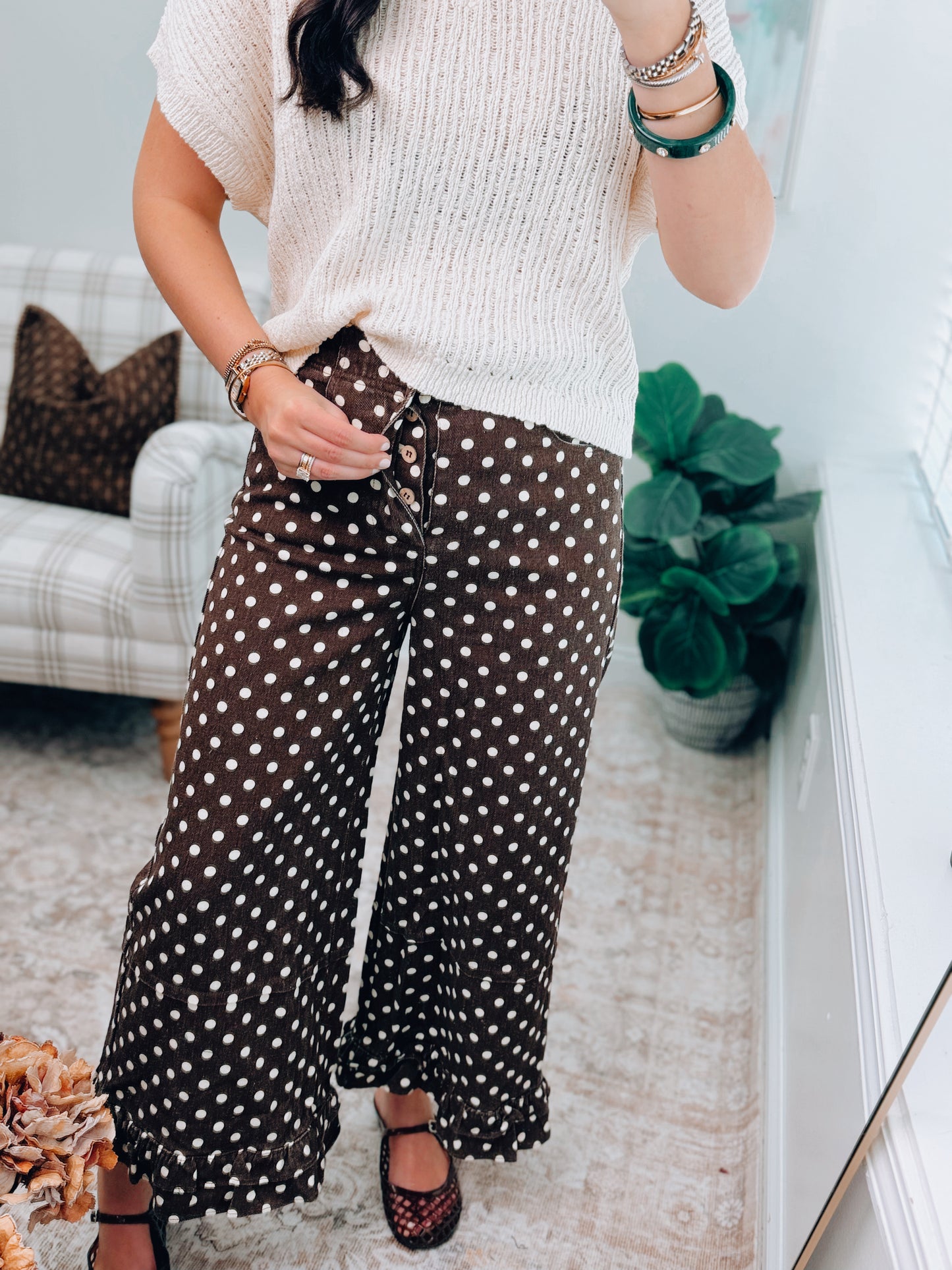 Chocolate Polka Dot Ruffle Denim