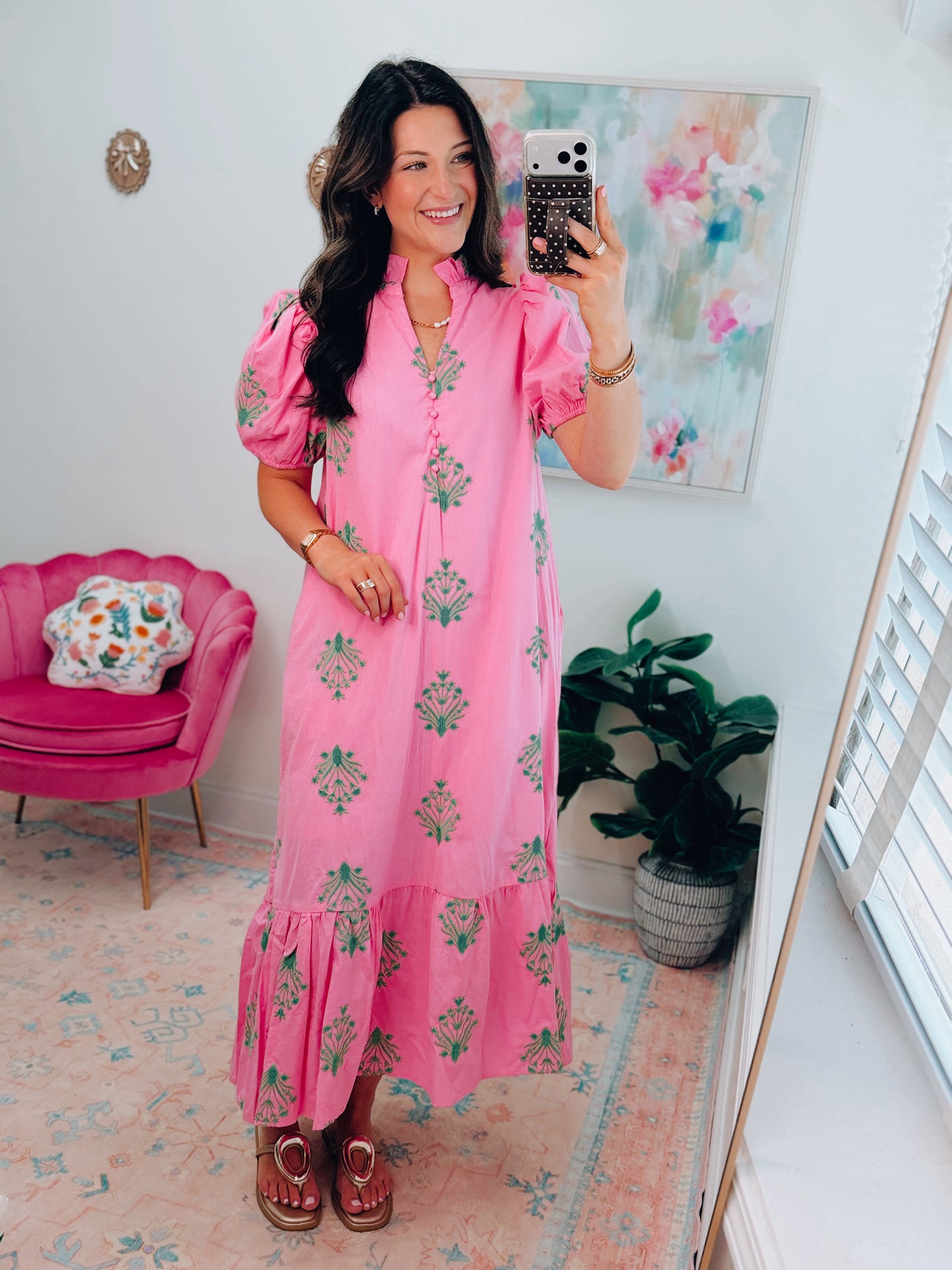 Camille Embroidered Midi Dress - Pink