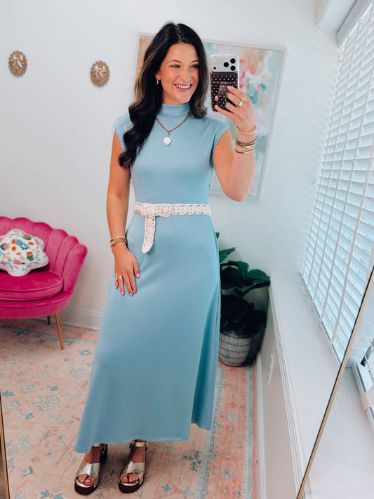 Haven Mock Neck Midi Dress - Blue