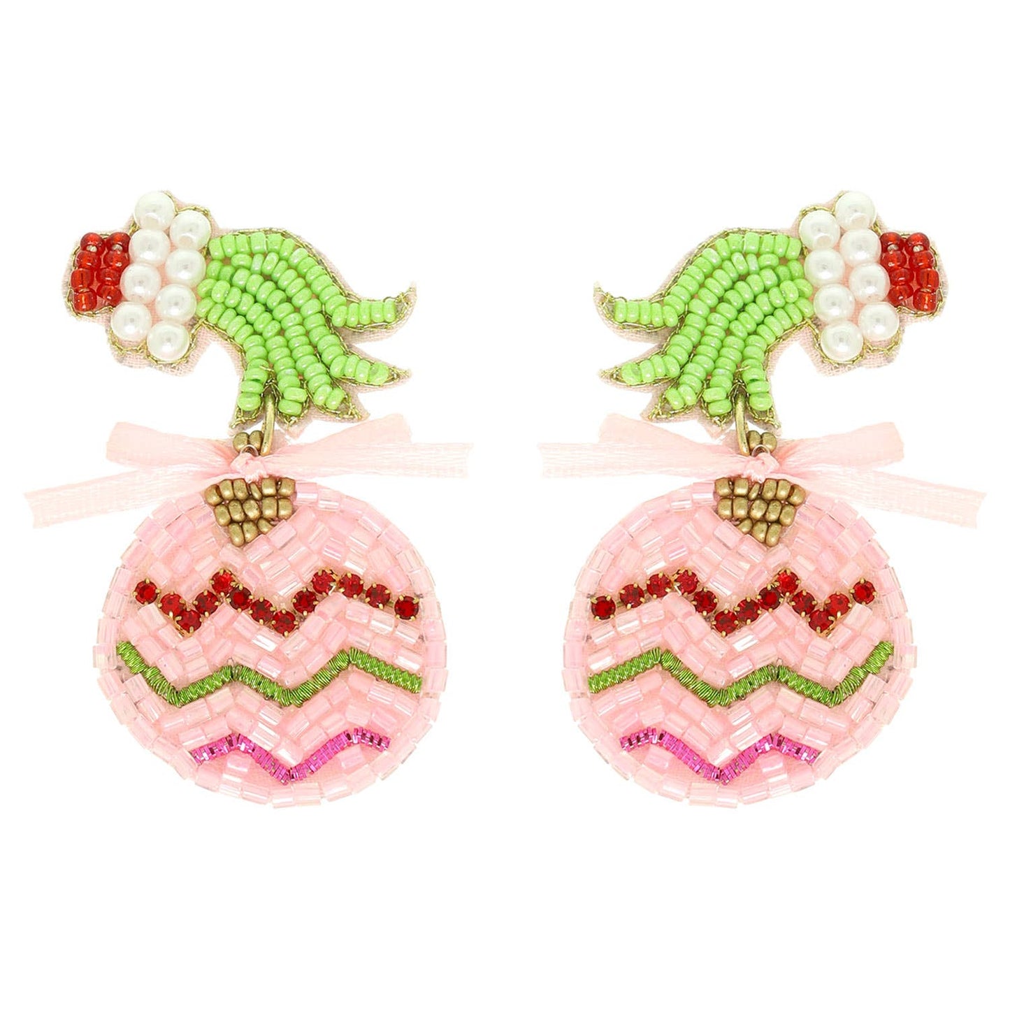 Christmas Seed Beaded Grinch Holding Ornament Earrings