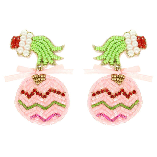 Christmas Seed Beaded Grinch Holding Ornament Earrings
