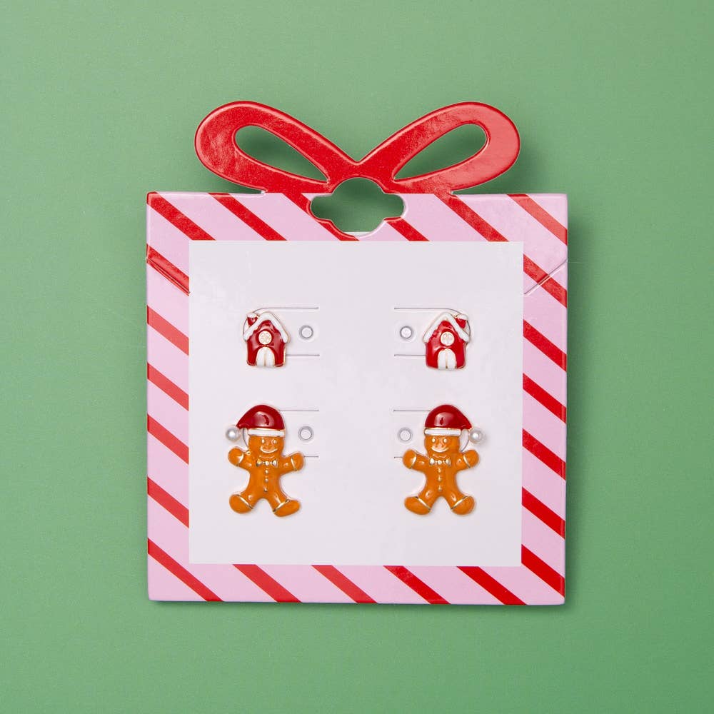 Christmas Enamel Gingerbread Man & House Earring Set