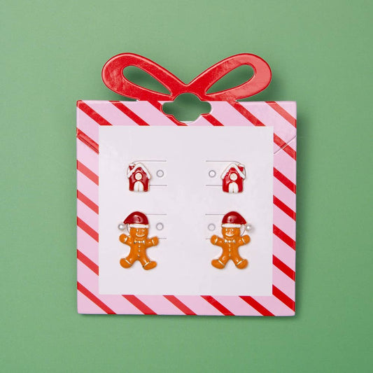Christmas Enamel Gingerbread Man & House Earring Set
