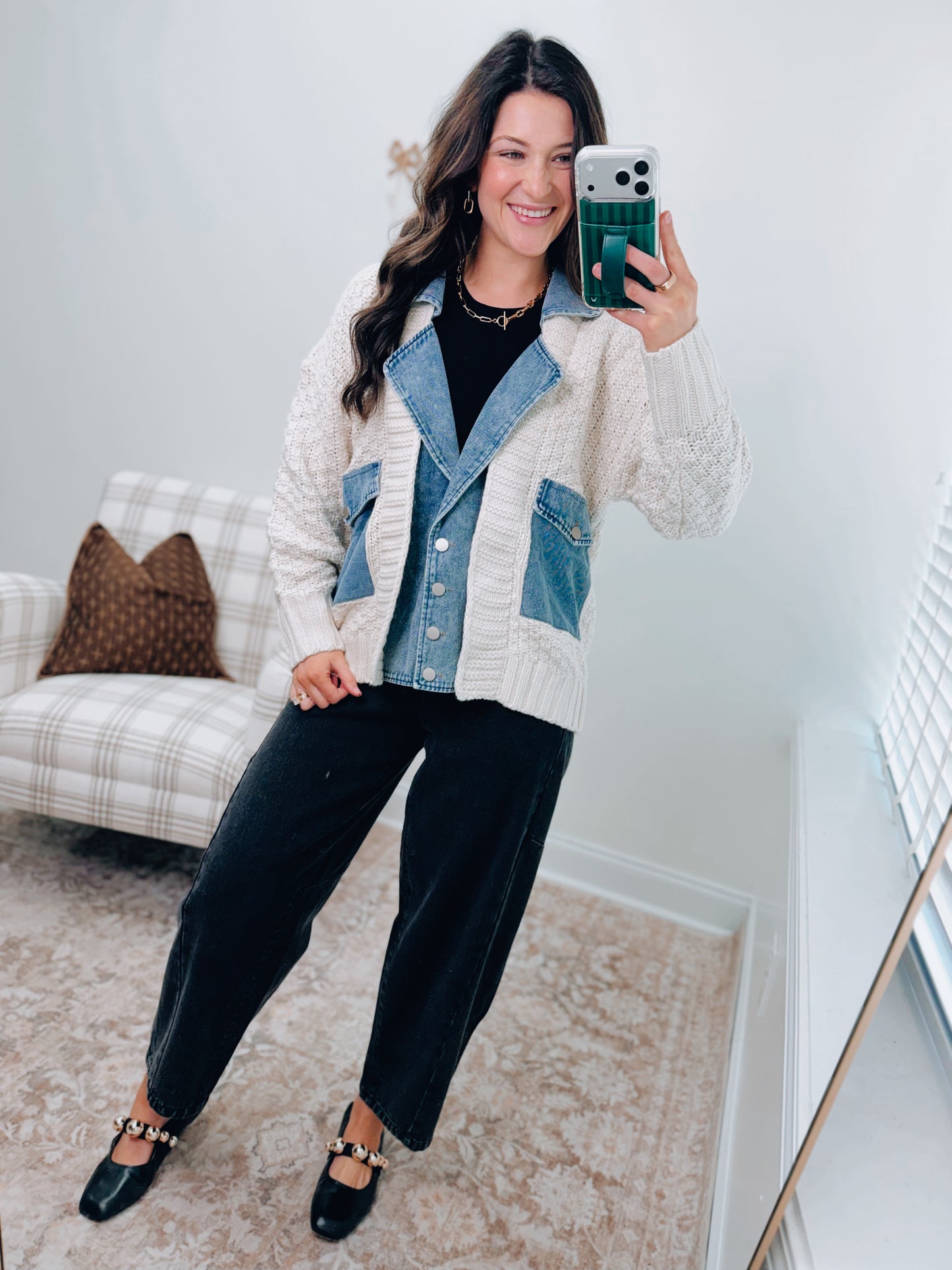 Mixed Media Cable Knit Denim Cardigan Top