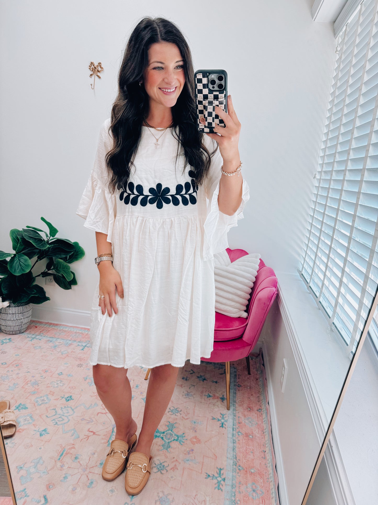 Navy Embroidered Flutter Mini Dress