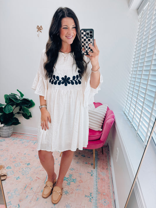 Navy Embroidered Flutter Mini Dress