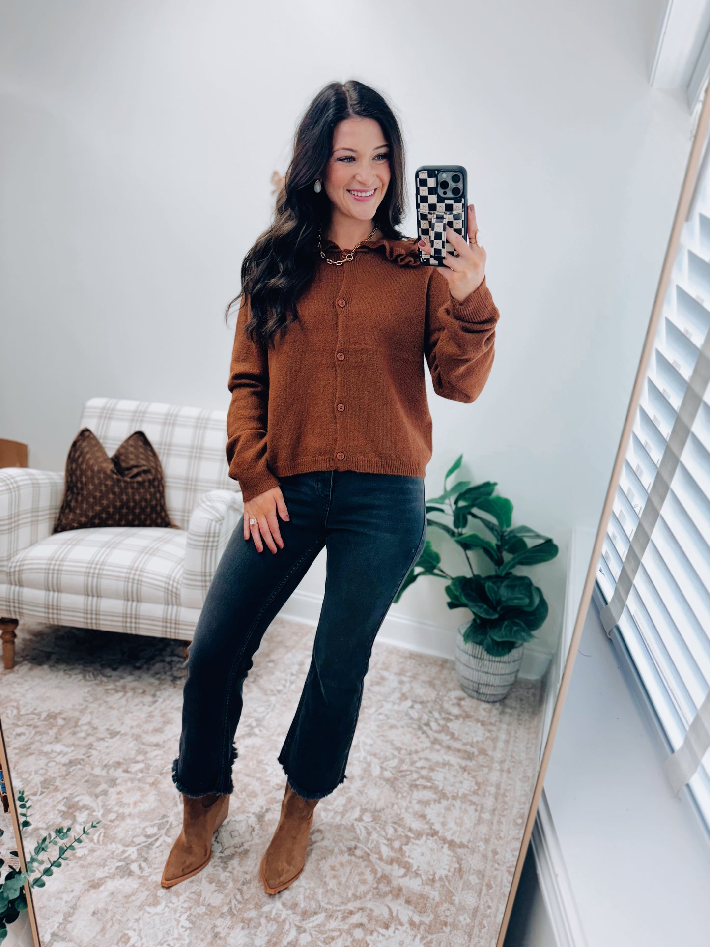 Ruffle Collar Cardigan Sweater - Chesnut