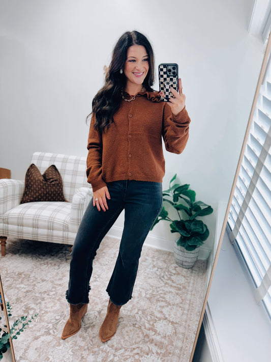 Ruffle Collar Cardigan Sweater - Chesnut