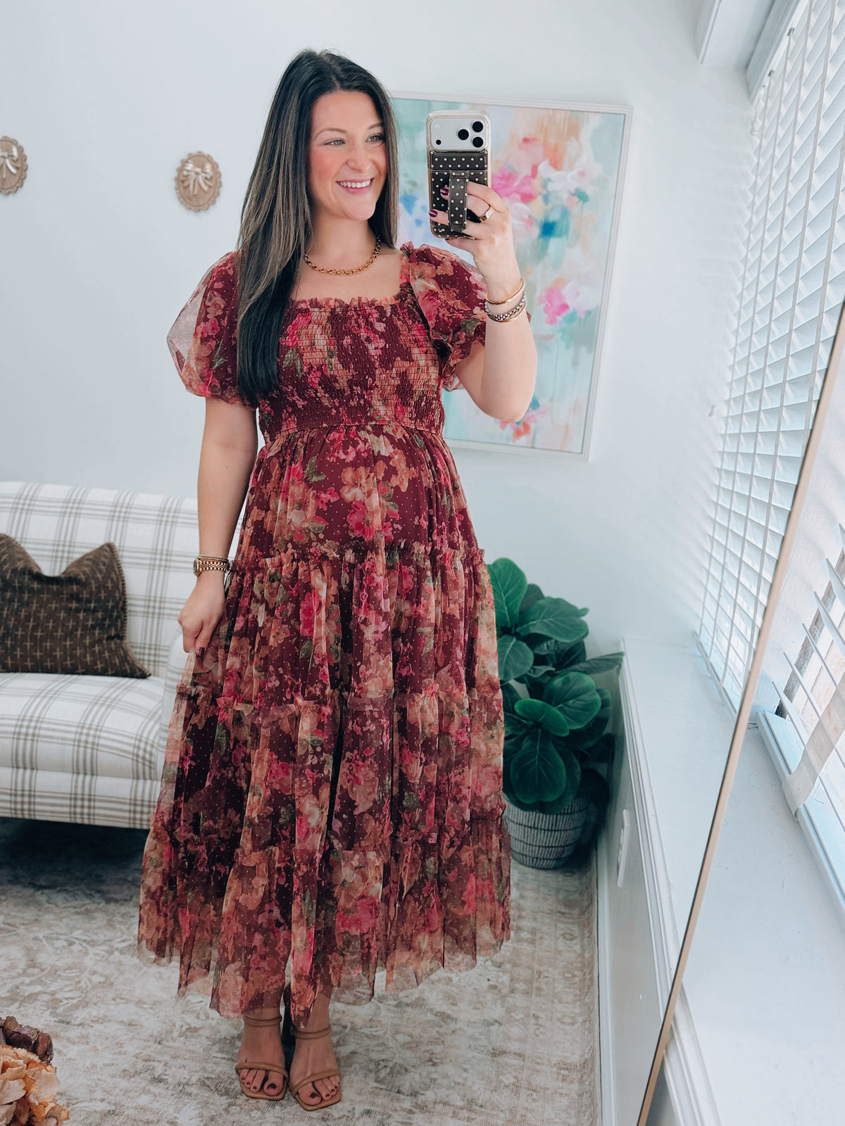 Wine Sheer Floral Smocked Midi Dress