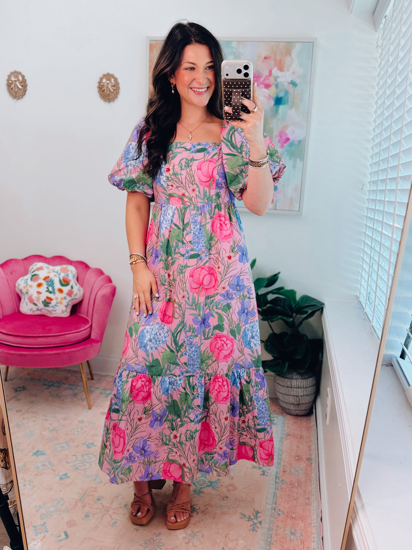 Pink Hydrangea Midi Dress