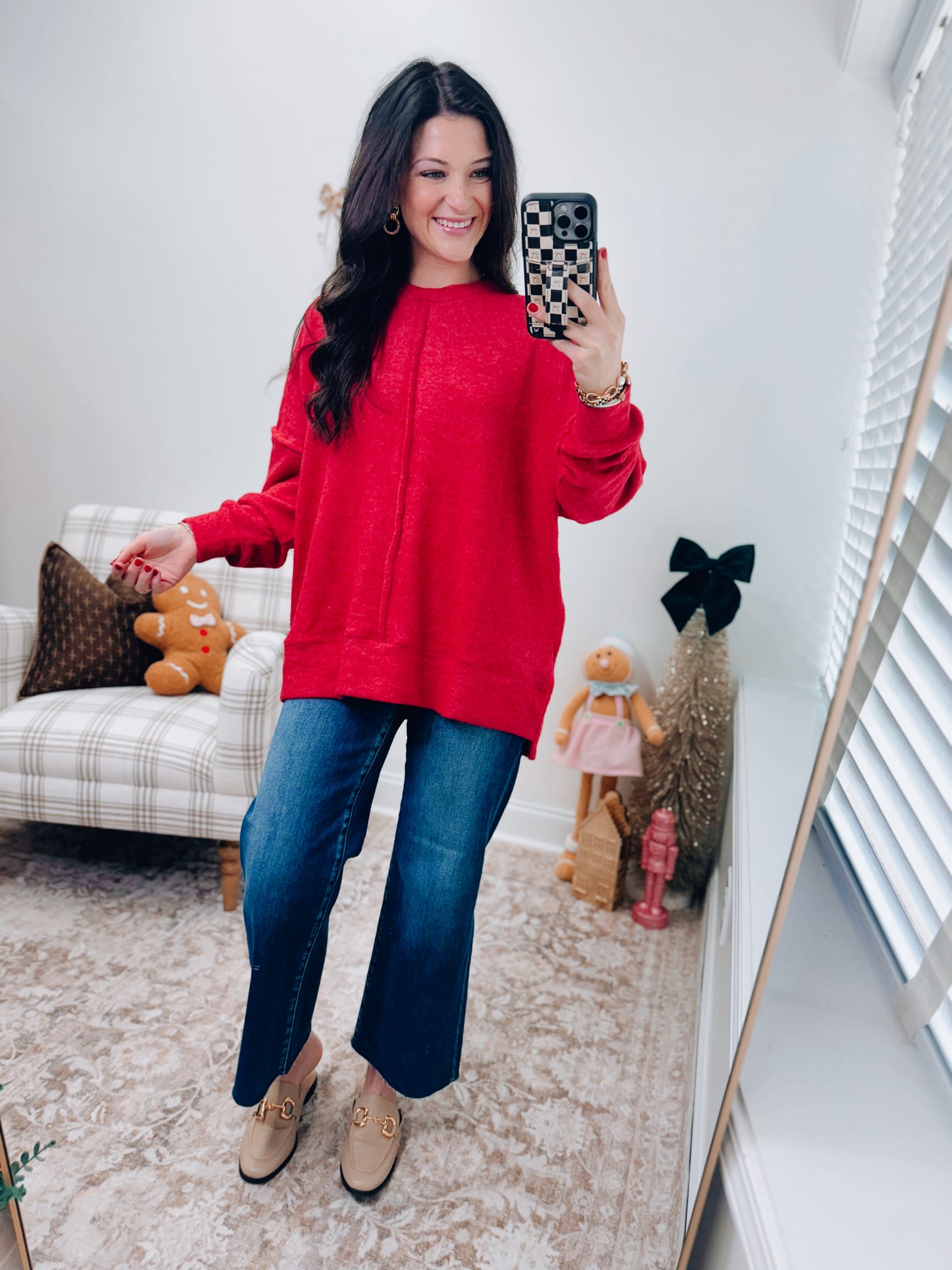 Oversized Front Seam Brushed Sweater - Red