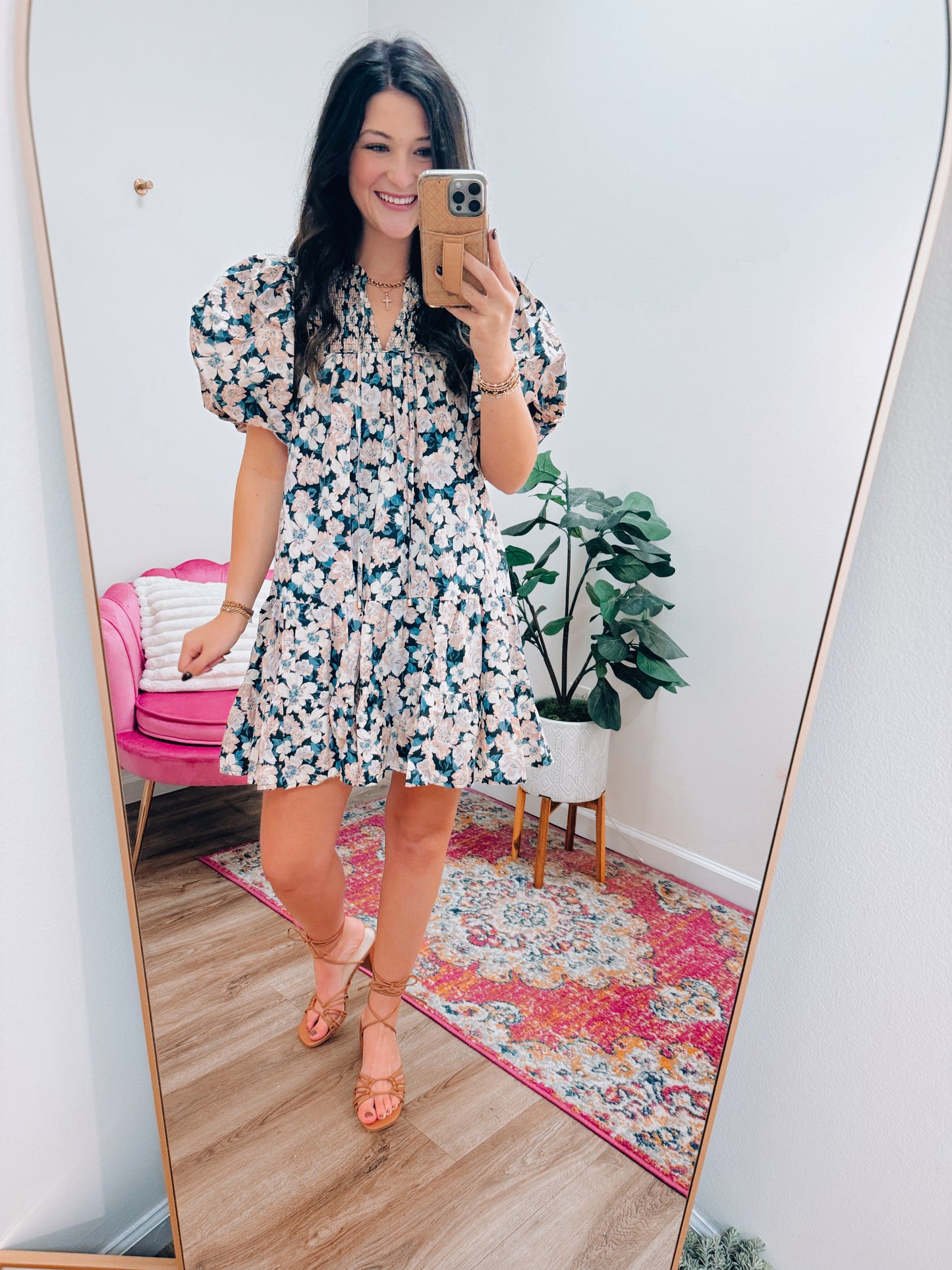 Charcoal Blue Floral Puff Sleeve Mini Dress