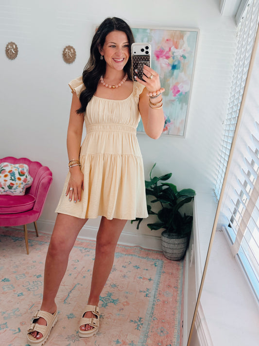 Shirred Flounce Butter Yellow Mini Dress