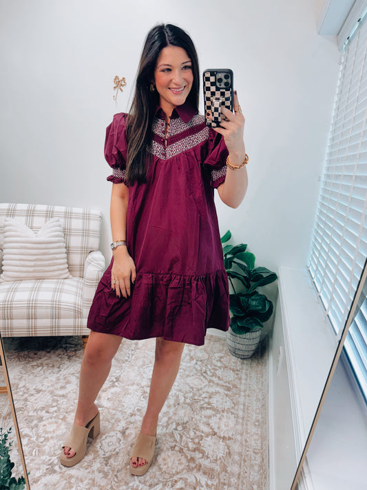 Plum Embroidered Smocked Mini Dress