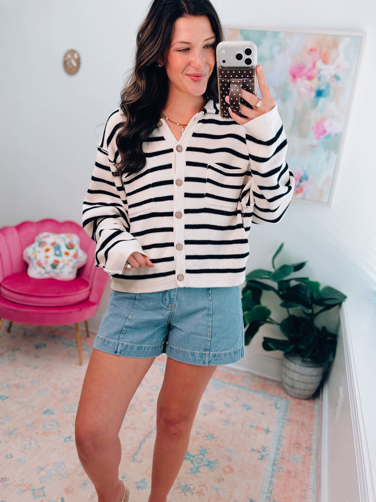 Wood Button Knit Striped Cardigan Top