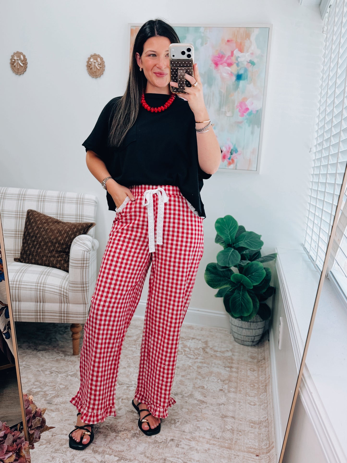 Red Gingham Lace Ruffle Pants