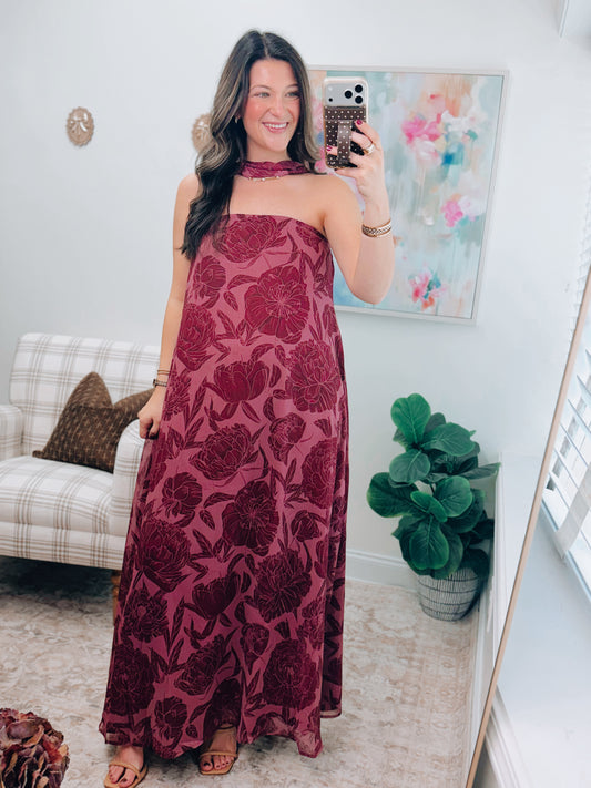 Wine Floral Scarf Maxi Dress