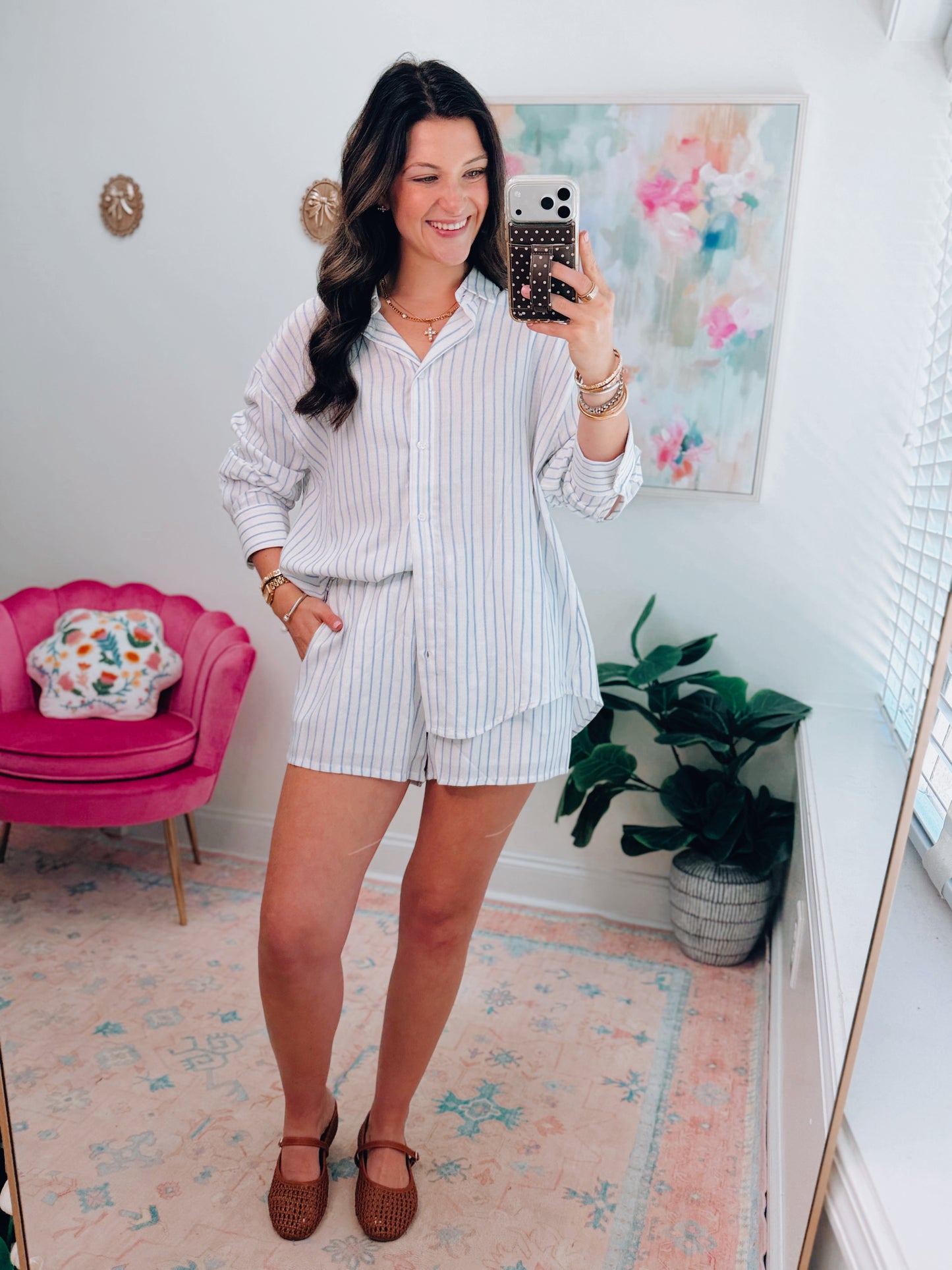 Henley Striped Button Up Shorts Set - Blue
