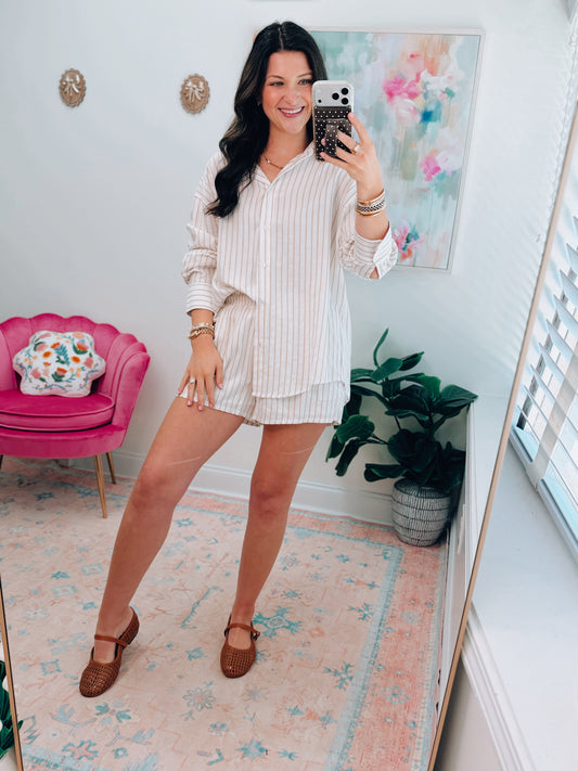 Henley Striped Button Up Shorts Set - Tan