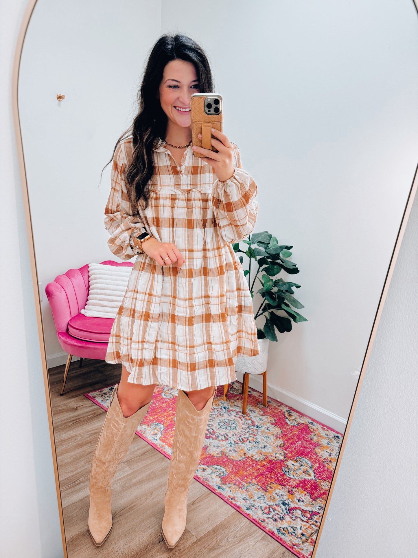 Brown Plaid Flannel Mini Dress