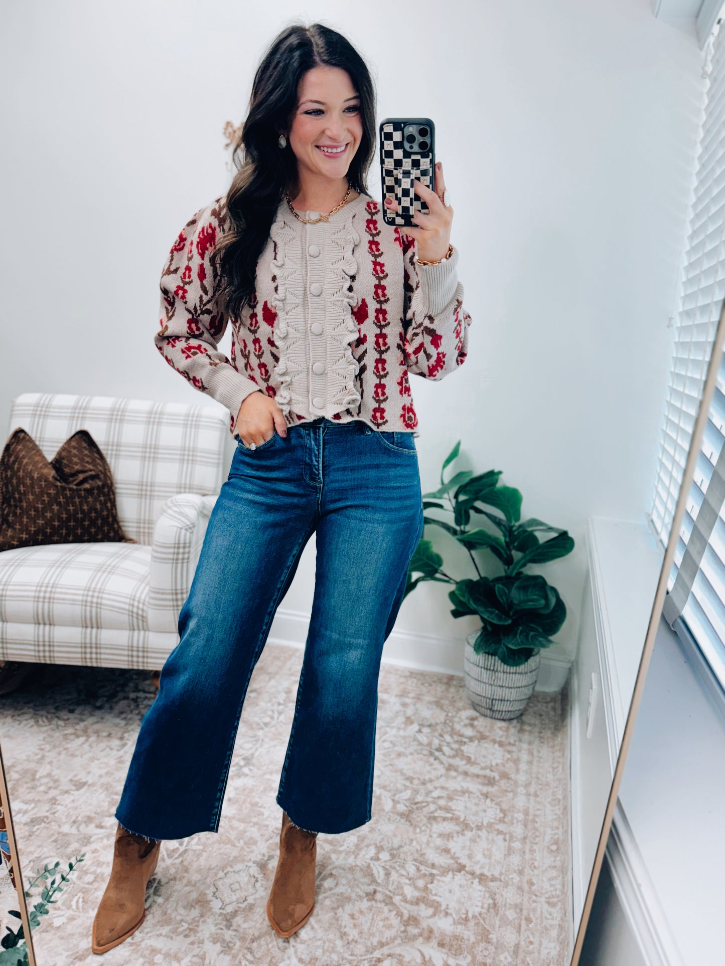 Vertical Floral Puff Sleeve Knit Cardigan Top