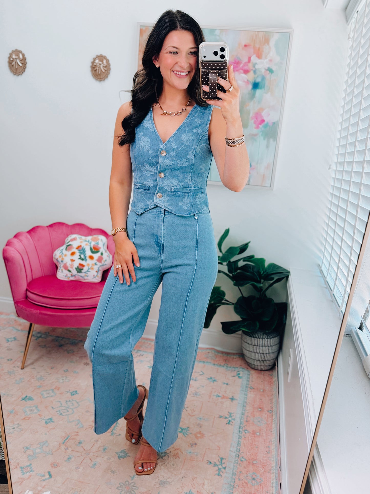 Floral Jacquard Button Down Denim Vest