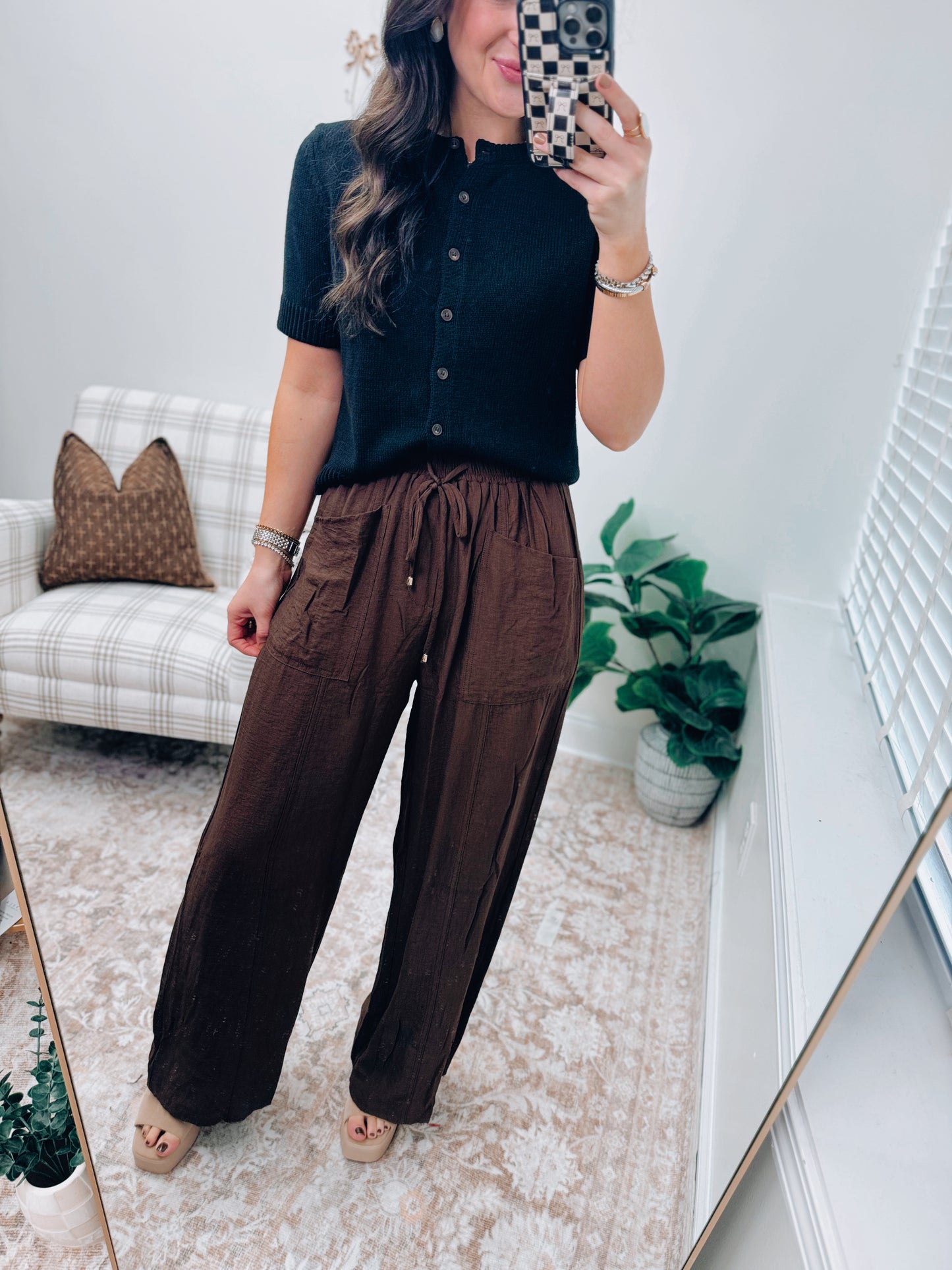 Arden Tie Linen Pants - Brown
