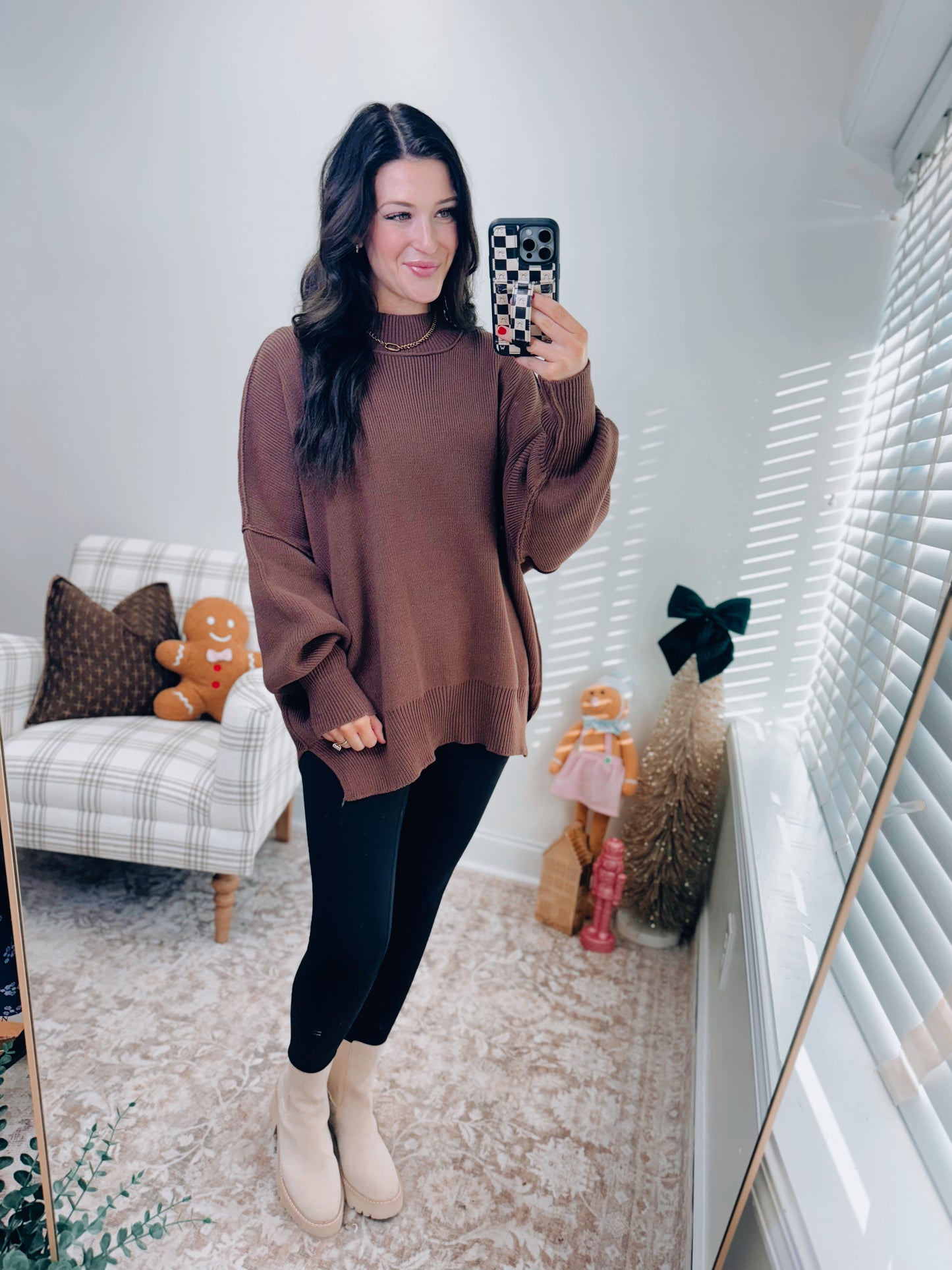 CURVY Millie Ribbed Oversized Sweater Top - Brown