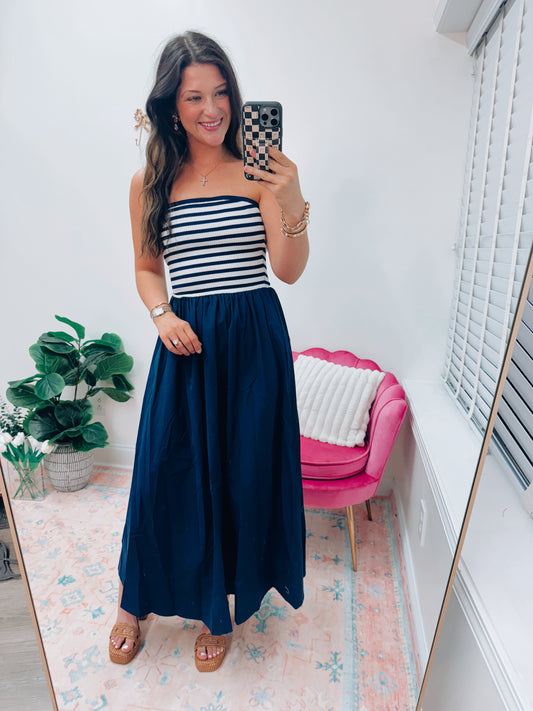 Trish Strapless Mixed Media Maxi Dress - Navy