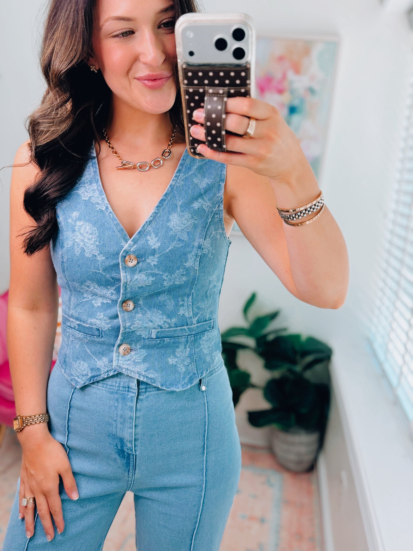 Floral Jacquard Button Down Denim Vest