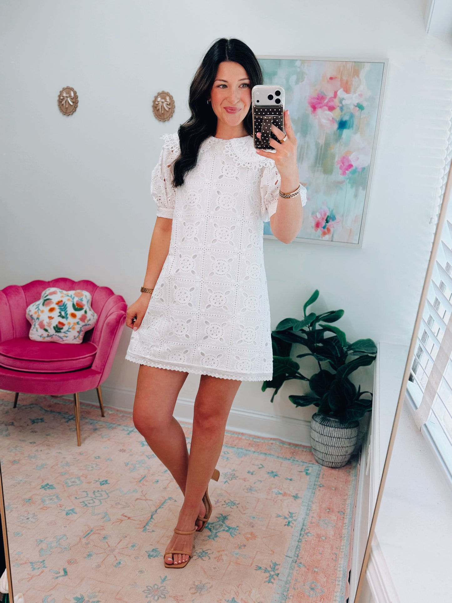 White Eyelet Oversized Collar Mini Dress