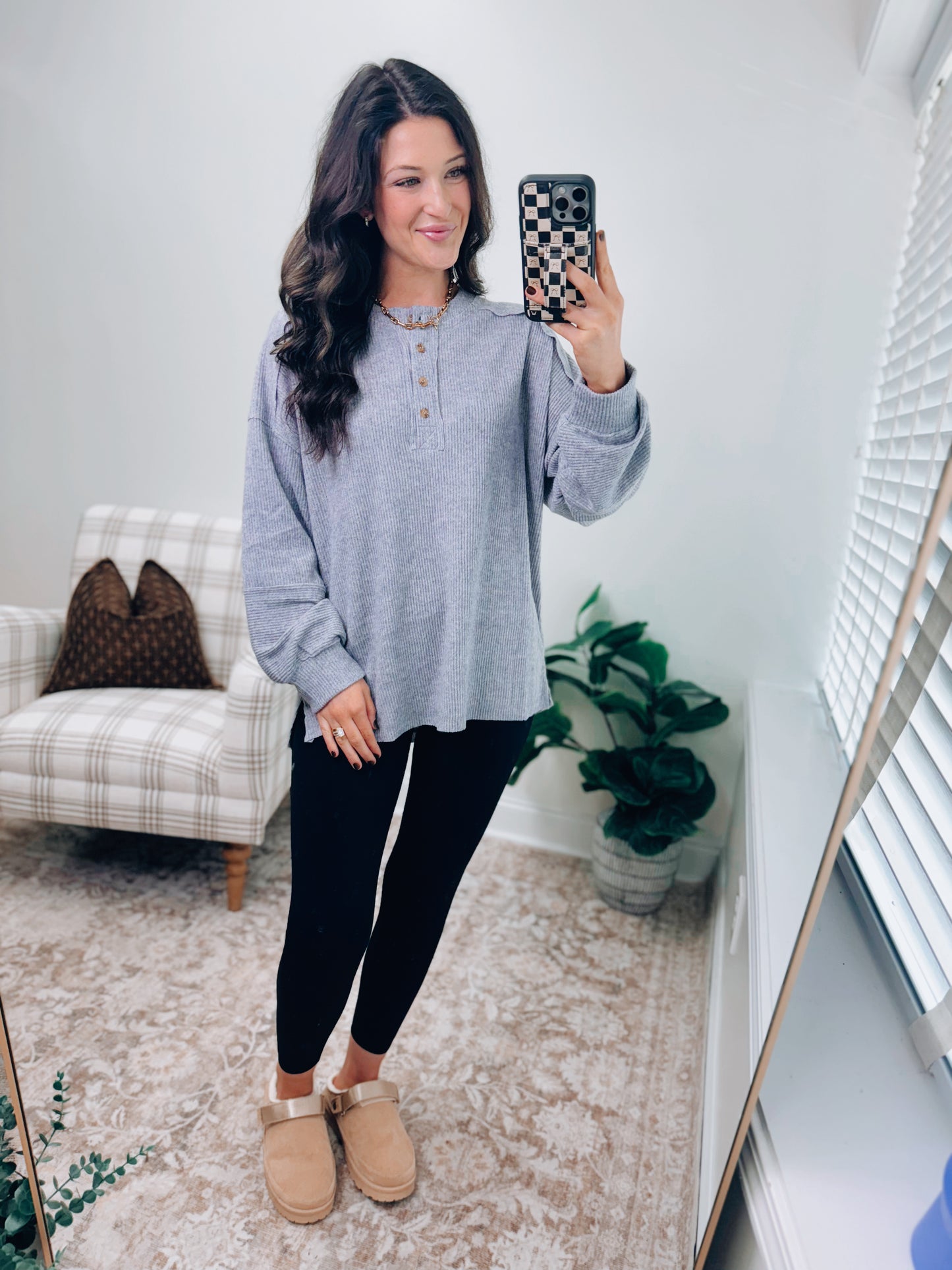 DOORBUSTER Button Brushed Ribbed Sweater - Gray