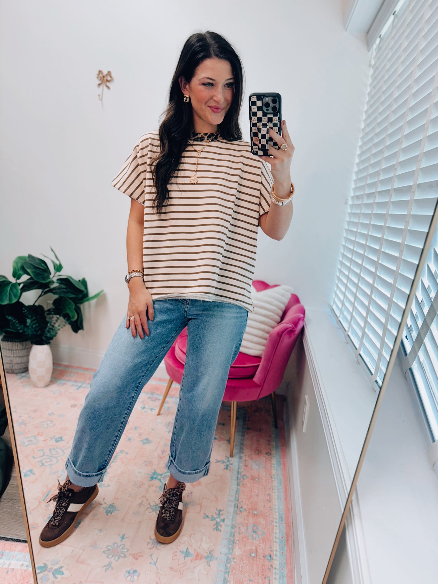Leopard Trim Striped French Terry Top