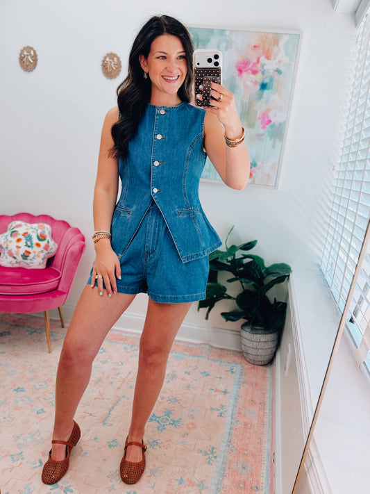 Keagan Pleated Denim Shorts Set