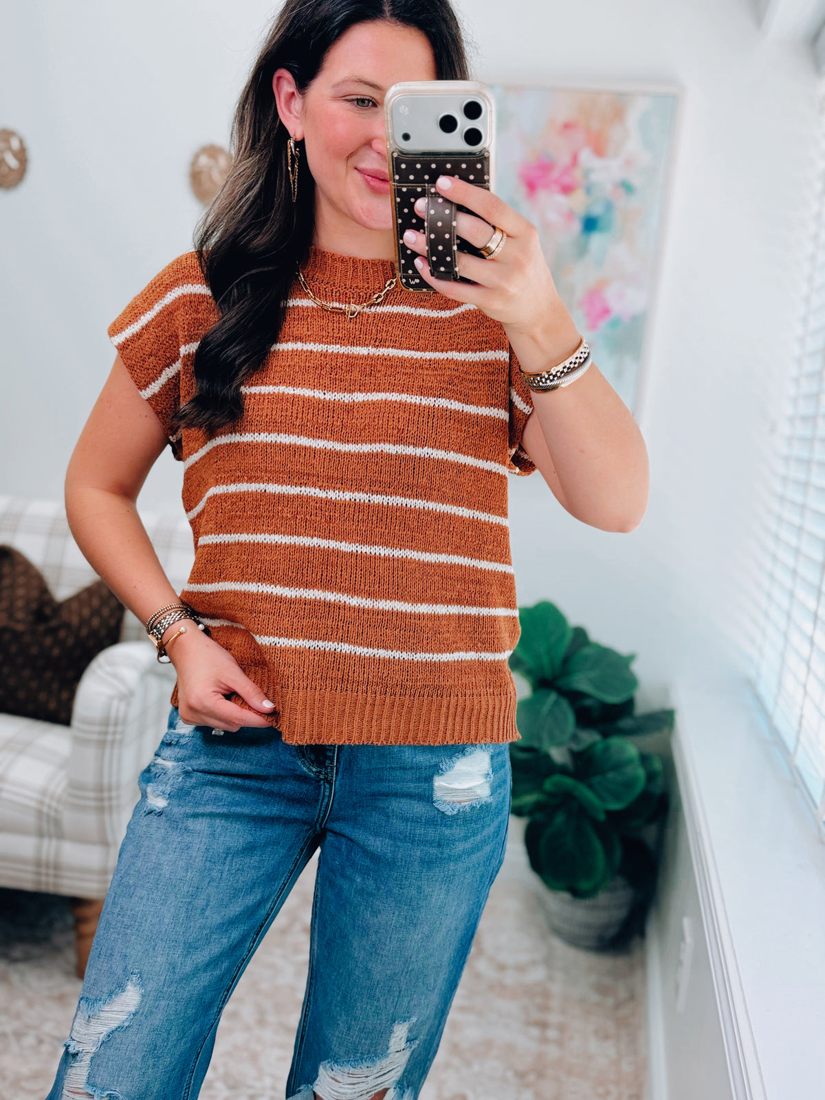 Hues Copper Knit Striped Top