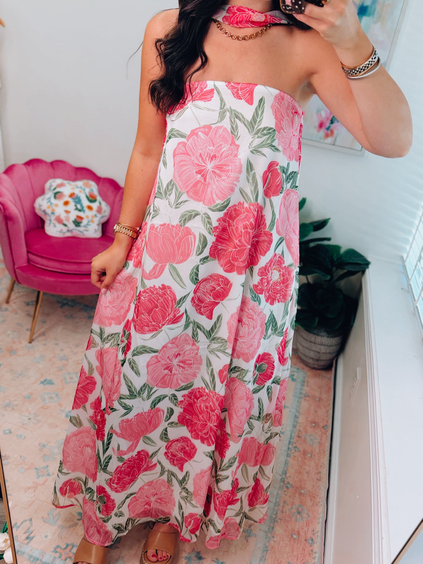 Strapless Pink Floral Maxi Scarf Dress