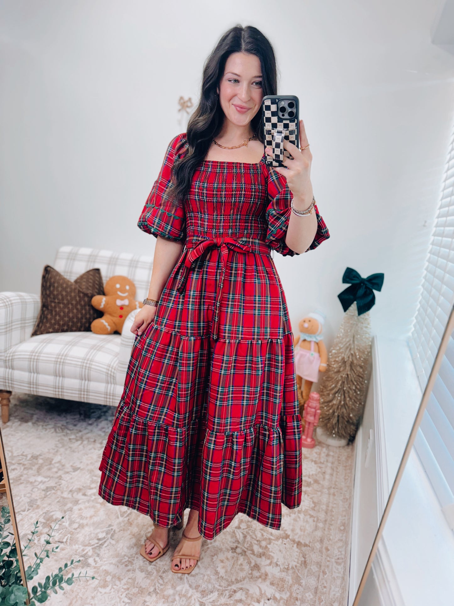 CURVY Smocked Plaid Tie Midi Dress - Red