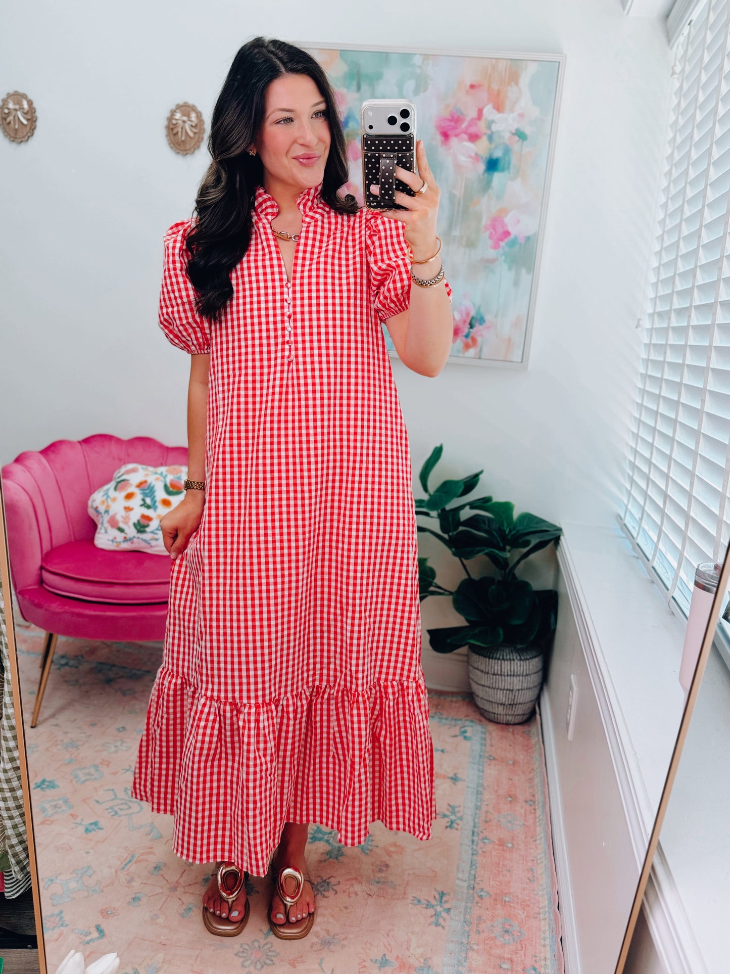 Red Gingham Midi Dress