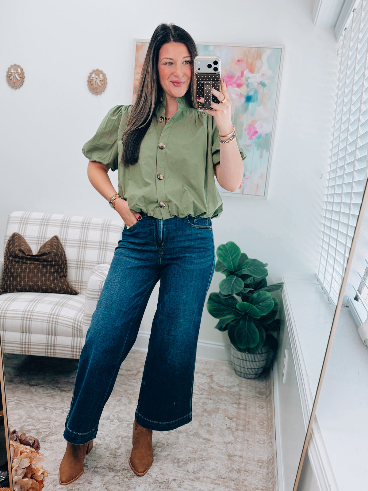 Gracie Button Bubble Hem Top - Olive
