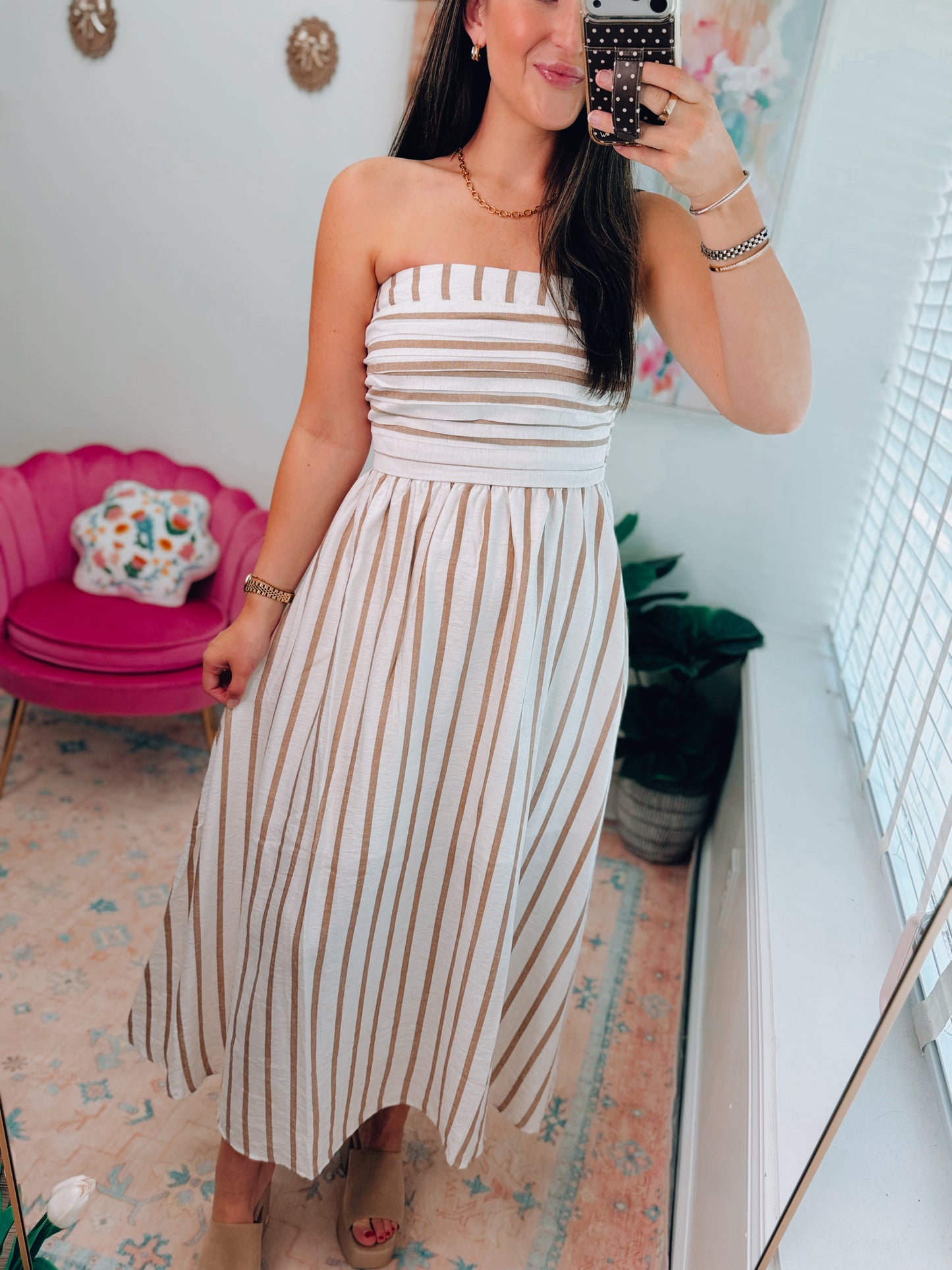 Striped Strapless Linen Midi Dress