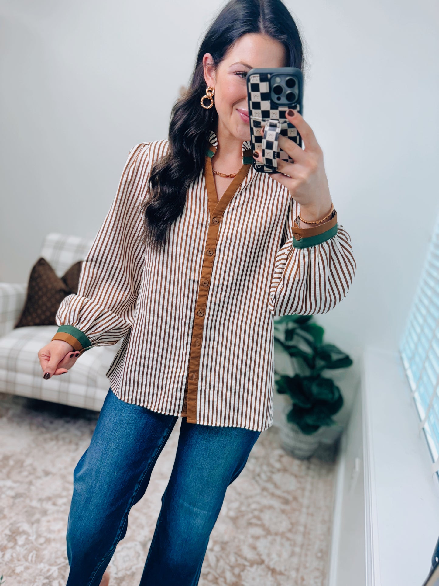 Camel Stripe Colorblock Button Top