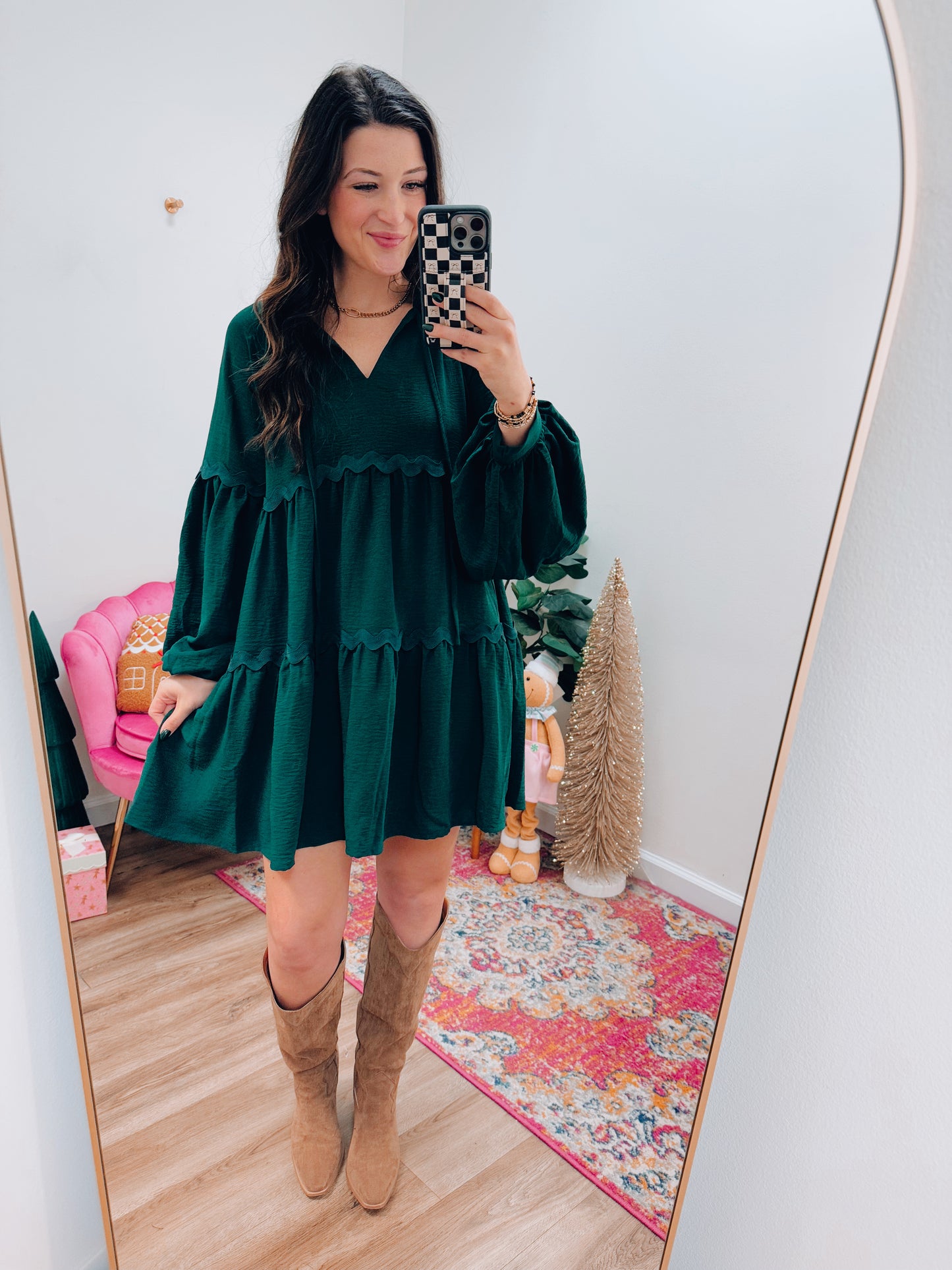 Green Scallop Trim Mini Dress