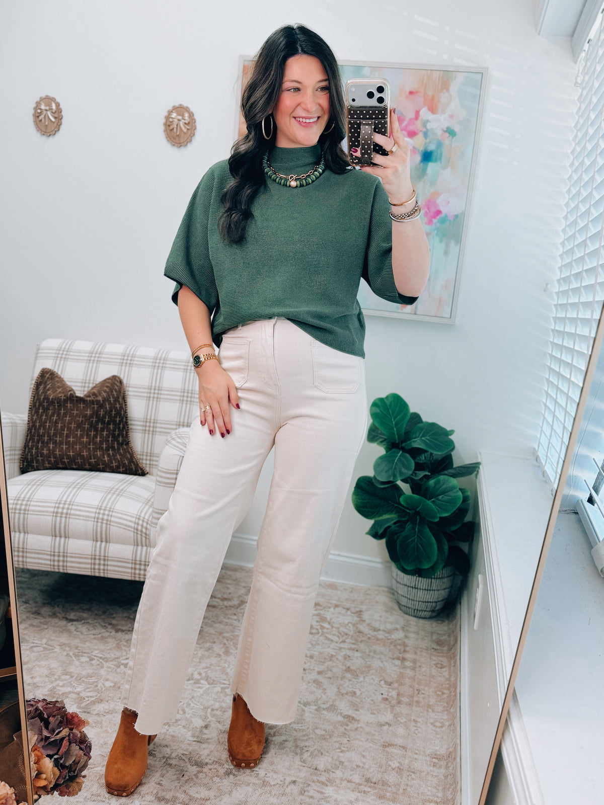 Tess Olive Ribbed Mock Top