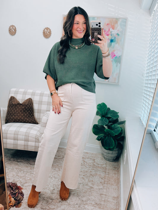 Tess Olive Ribbed Mock Top